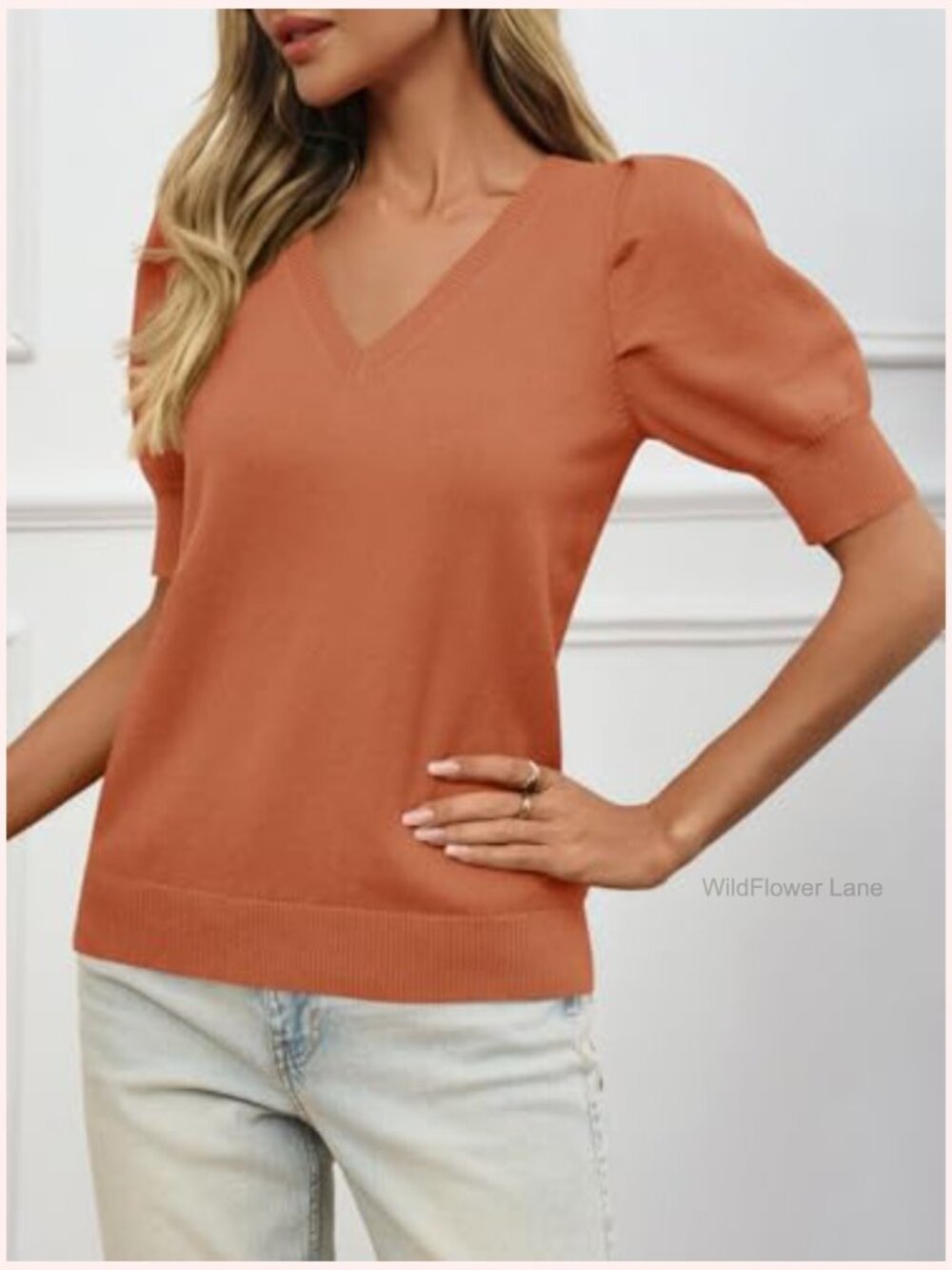 Short Sleeve Puff Sweater Top V-Neck Knit Pullover Blouse - Picture 4 of 7
